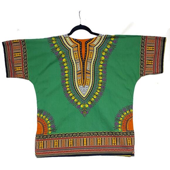 Big Mama Dashiki African Style Pullover Top Women's Medium Green and Orange - Picture 2 of 7